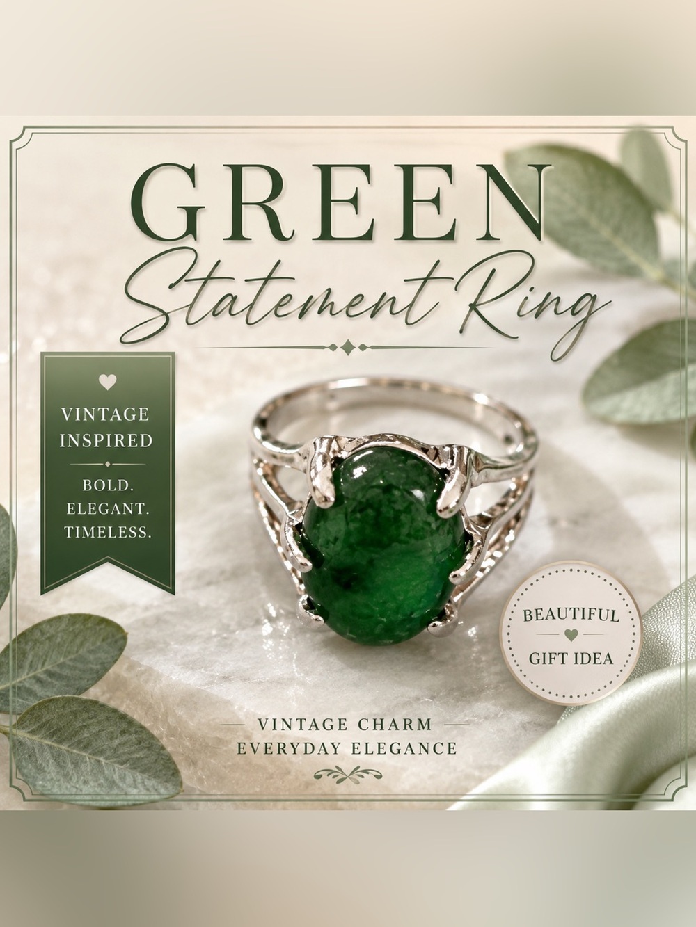Green Oval Stone Silver-Tone Statement Ring Vintage Style Size 8 NWT